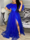 Posheme Grenadine Ruffle Off Shoulder Side Slit Tulle Wedding Prom Maxi Dress