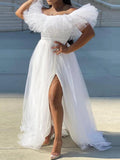 Posheme Grenadine Ruffle Off Shoulder Side Slit Tulle Wedding Prom Maxi Dress