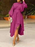 Posheme Solid High-low Draped Long Sleeve Elegant Midi Tea Party Dress