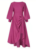 Posheme Solid High-low Draped Long Sleeve Elegant Midi Tea Party Dress