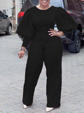 Posheme Solid Puff Sleeve Plus Size Wide Leg Long Jumpsuit