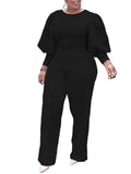 Posheme Solid Puff Sleeve Plus Size Wide Leg Long Jumpsuit