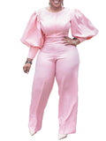 Posheme Solid Puff Sleeve Plus Size Wide Leg Long Jumpsuit