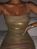 Posheme Bright Wire Chain Spaghetti Strap NYE Sparkly Bodycon Mini Dress