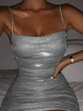 Posheme Bright Wire Chain Spaghetti Strap NYE Sparkly Bodycon Mini Dress