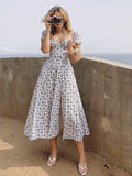 Posheme Floral Side Slit Puff Sleeve Plus Size Cottagecore Maxi Dress