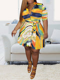 Posheme Multicolor Belt Ruffle Buttons Plus Size Flowy Elegant Mini Dress