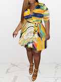 Posheme Multicolor Belt Ruffle Buttons Plus Size Flowy Elegant Mini Dress