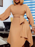 Posheme Brown Belt Irregular Plus Size Flowy Elegant Tea Party Midi Dress