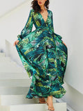 Posheme Emerald Green Plam Tree Print Sashes Deep V-neck Bohemain Maxi Dress