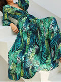 Posheme Emerald Green Plam Tree Print Sashes Deep V-neck Bohemain Maxi Dress