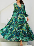 Posheme Emerald Green Plam Tree Print Sashes Deep V-neck Bohemain Maxi Dress