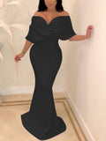 Posheme Ruffle Off Shoulder Backless Half Sleeve Mermaid Prom Maxi Dress