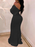 Posheme Ruffle Off Shoulder Backless Half Sleeve Mermaid Prom Maxi Dress