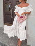 Posheme Lace Off Shoulder Eyelet Embroidery Ruffle Elegant Tea Party Midi Dress