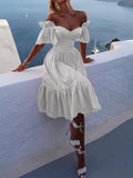 Posheme Lace Off Shoulder Eyelet Embroidery Ruffle Elegant Tea Party Midi Dress