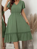 Green V-Neck Elegant Dress