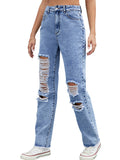 Blue Ripped High Waisted Boyfriend Casual Long Denim Pants Jeans