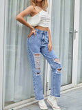 Blue Ripped High Waisted Boyfriend Casual Long Denim Pants Jeans