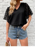 Solid Casual T-Shirt V-Neck Blouses Mesh Top