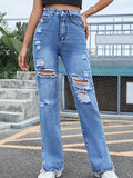 Ripped Slit High Waist Casual Denim Trousers Jeans