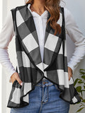 Women's Plaid Pocket Lapel Collar Vest Cardigan Coat