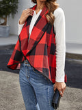 Women's Plaid Pocket Lapel Collar Vest Cardigan Coat