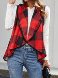 Women's Plaid Pocket Lapel Collar Vest Cardigan Coat