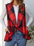 Women's Plaid Pocket Lapel Collar Vest Cardigan Coat