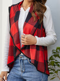 Women's Plaid Pocket Lapel Collar Vest Cardigan Coat