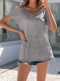 Buttons Cold Shoulder Short Sleeve Casual T-shirt