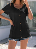 Buttons Cold Shoulder Short Sleeve Casual T-shirt