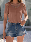 Buttons Cold Shoulder Short Sleeve Casual T-shirt