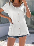 Buttons Cold Shoulder Short Sleeve Casual T-shirt