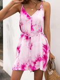 Summer Tie-dye Suspenders Drawstring Waist V-neck Casual Jumpsuit