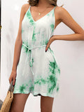 Summer Tie-dye Suspenders Drawstring Waist V-neck Casual Jumpsuit