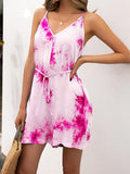 Summer Tie-dye Suspenders Drawstring Waist V-neck Casual Jumpsuit