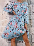 Blue Pleated Elegant Print Dress