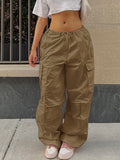 Posheme Drawstring Waist Pockets Low-rise Casual Cargo Pants