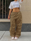 Posheme Drawstring Waist Pockets Low-rise Casual Cargo Pants