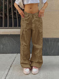 Posheme Drawstring Waist Pockets Low-rise Casual Cargo Pants