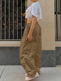 Posheme Drawstring Waist Pockets Low-rise Casual Cargo Pants