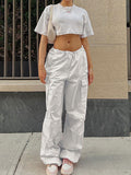 Posheme Drawstring Waist Pockets Low-rise Casual Cargo Pants