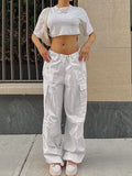 Posheme Drawstring Waist Pockets Low-rise Casual Cargo Pants