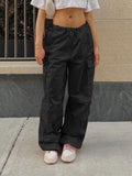 Posheme Drawstring Waist Pockets Low-rise Casual Cargo Pants