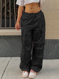 Posheme Drawstring Waist Pockets Low-rise Casual Cargo Pants