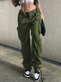 Posheme Drawstring Pockets Ovesize Low-rise Casual Cargo Pants