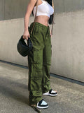 Posheme Drawstring Pockets Ovesize Low-rise Casual Cargo Pants