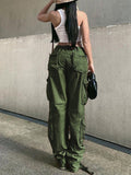 Posheme Drawstring Pockets Ovesize Low-rise Casual Cargo Pants