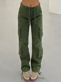 Posheme Drawstring Pockets Ovesize Low-rise Casual Cargo Pants